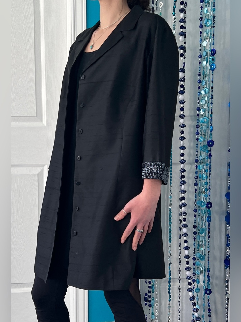 Vintage Y2K Black Silk Evening Coat • Beaded Sleeves • Special Occasion Jacket